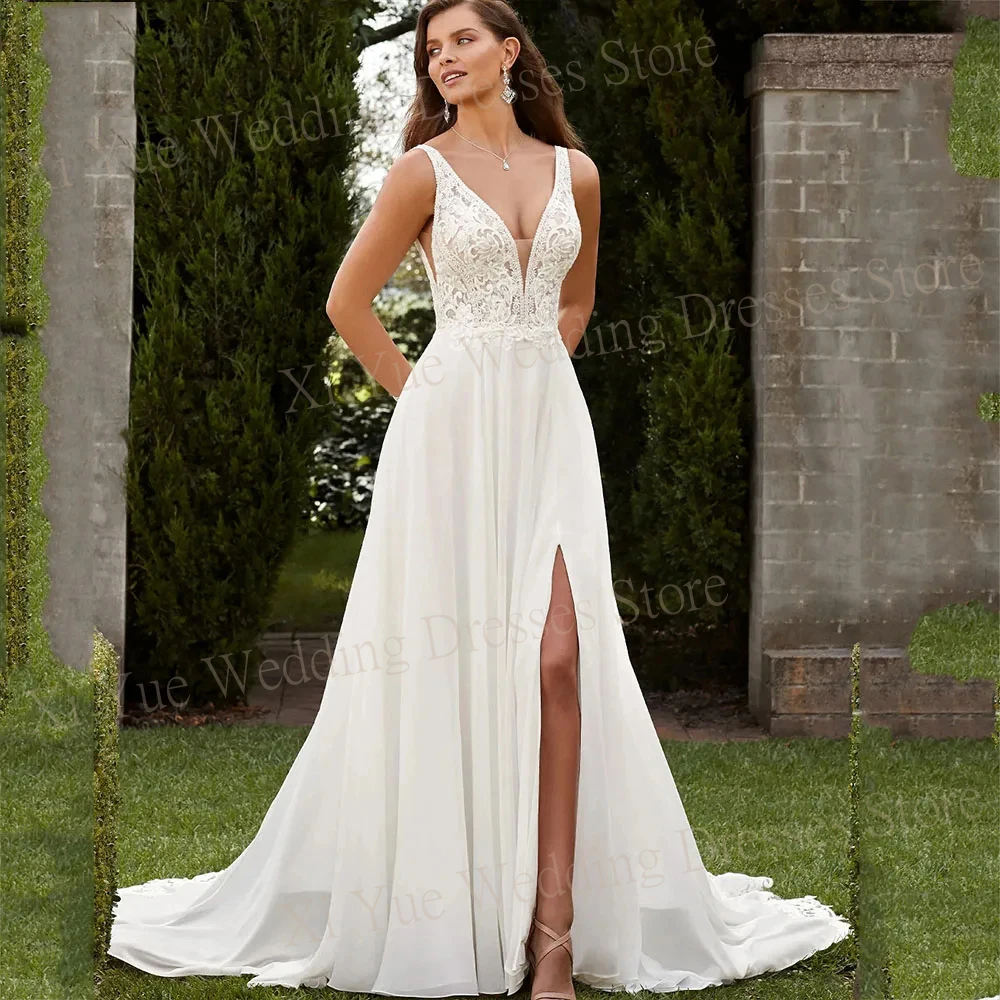 Robes de mariée en mousseline de soie avec appliques en dentelle, robe fendue sur le côté, dos nu, décolleté en V profond, simple et sexy, quel que soit le bouton de la mariée