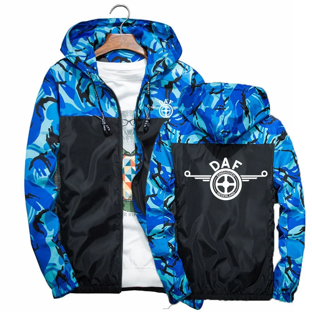 

2024 DAF TRUCKS COMPANY TRUCKER LOGO Men's New Long Sleeves Splicing Camouflage Jacket Casual Hooded Zipper Windbreaker Outwear