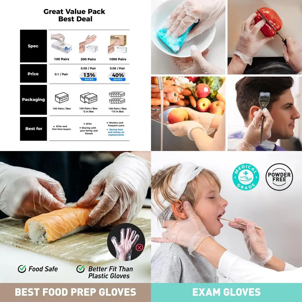 

1000-Count Large Clear Vinyl Gloves, Latex-Free, Powder-Free, Ideal for Home, Food Service, Lab Use, 10 Packs