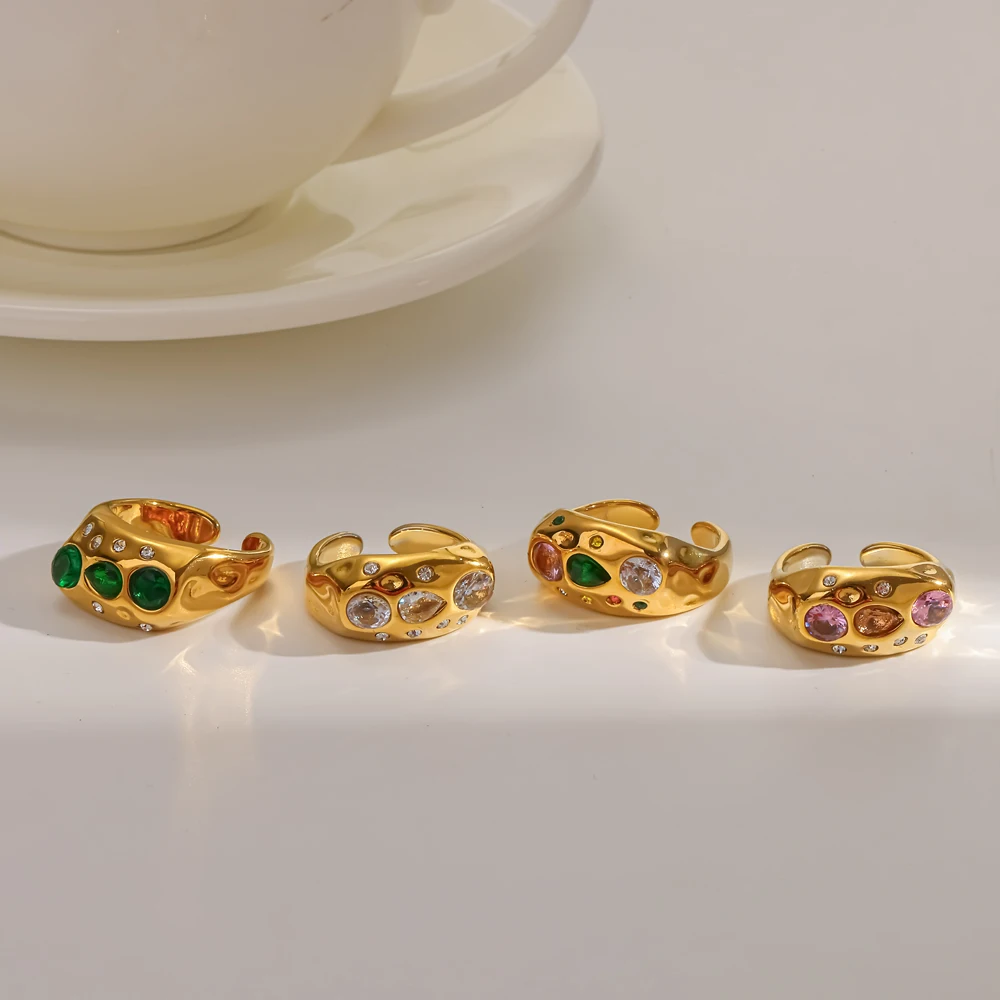 TD Fashion Offener Ring aus Edelstahl mit farbigem Zirkon-Einleger, 18K vergoldet, geometrisch, wasserdicht – Detail 3