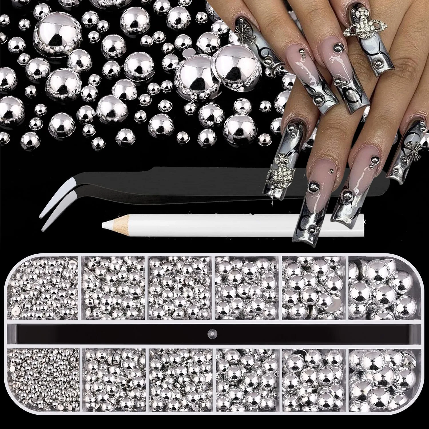 12Grid Shiny Silver Half Round Metal Caviar Bead Nail Rivets Charms 2/3/4/5/6/8mm Flatback Pearl Balls Nail Art Studs Y2k Decora