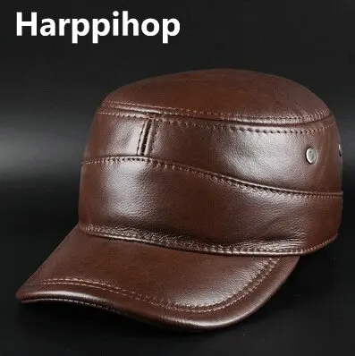 Harppihop Men\'s genuine leather baseball cap brand new winter warm real cow leather caps hats