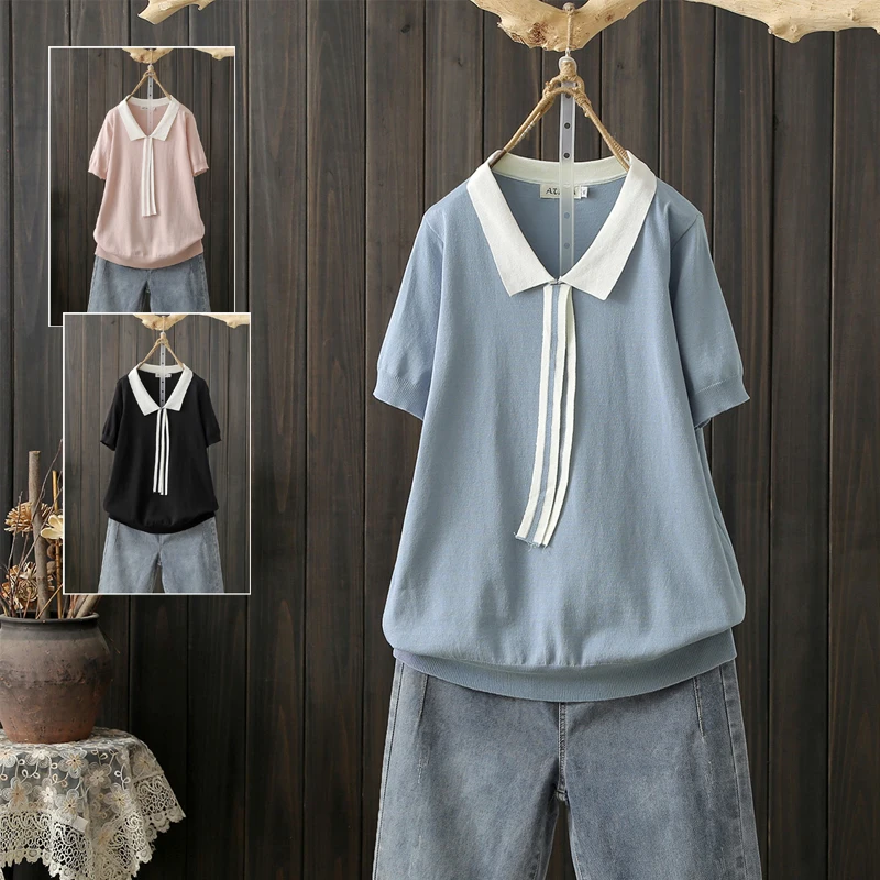 Camiseta Feminina Plus Size de Verão em Seda Gelada, Malha de Manga Curta, Efeito Redutor de Barriga, Estilo Coreano, Casual