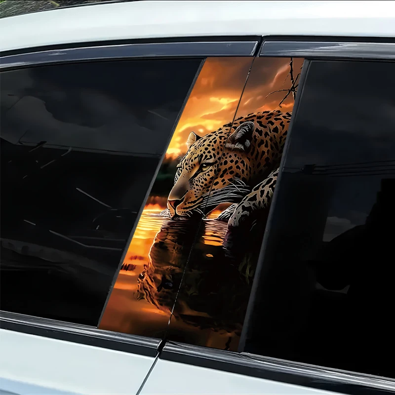 

2 наклейки на B-стойку автомобиля, виниловая защитная пленка с изображением леопарда, пьющего воду