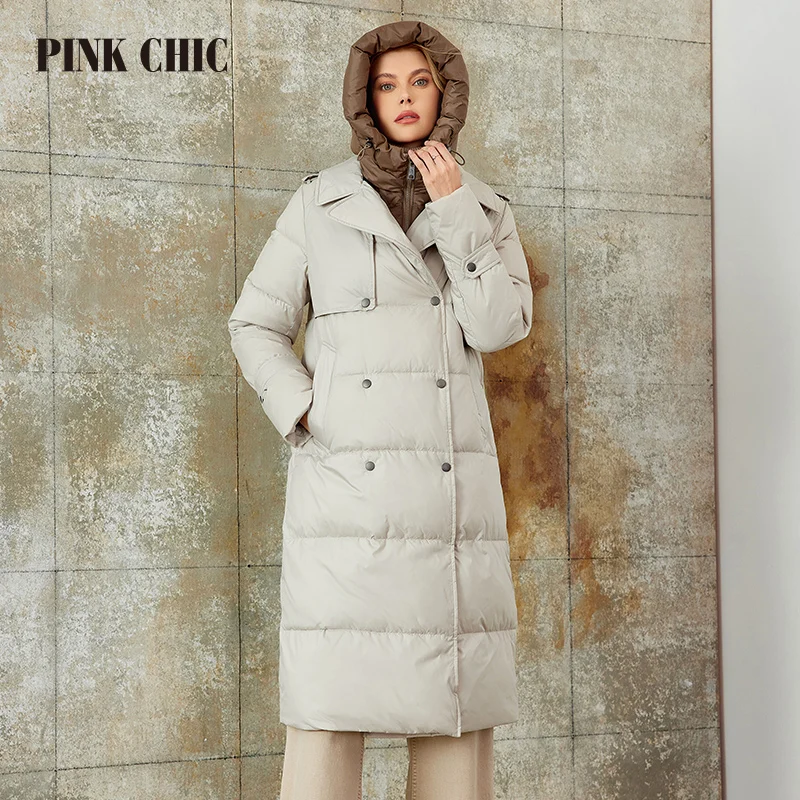 PINK CHIC 2023 Winter Coat Women Down Jackets Fashion Classic  Warm  Hooded Long Women\'s  Fake Two-garment Parka Female W8265