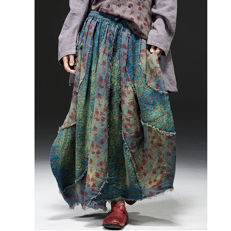 

Новое поступление, весна-лето, женская свободная повседневная лоскутная юбка трапециевидной формы с винтажным принтом, льняные юбки до щиколотки высшего качества T113