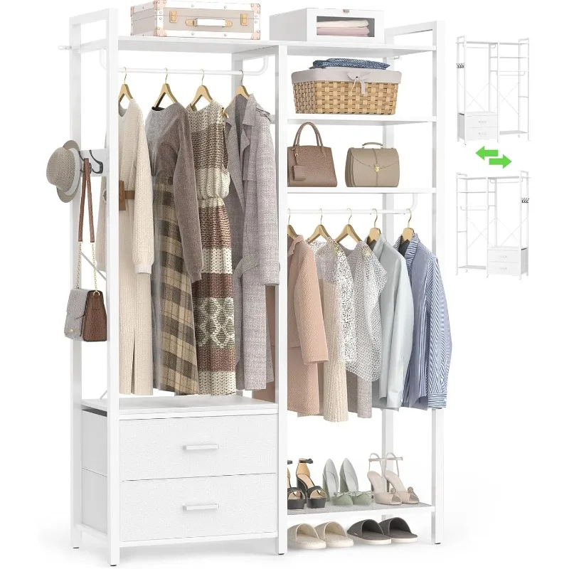 Clothes Rack for Hanging Clothes - Reversible Clothing Rack with 2 Drawers, Heavy Duty Garment Rack with Shelves, 6 Tiers