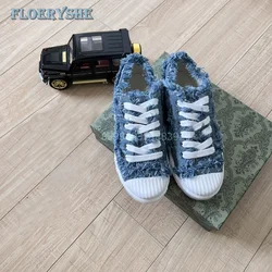 Pelliccia Denim Lace-up Canvas Splicing donna donna scarpe vulcanizzate Street 2024 nuovo arrivo Fltas moda neutra punta tonda quotidiana