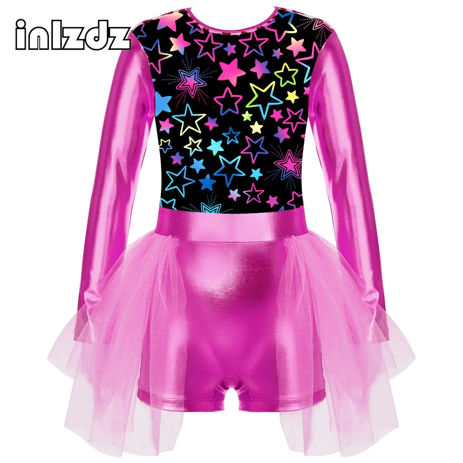 Kids Girls Modern Jazz Latin Ballet Dance Costume Long Sleeve Bronzing Mesh Tutu Shorty Unitard Dress Stage Performance Clothing