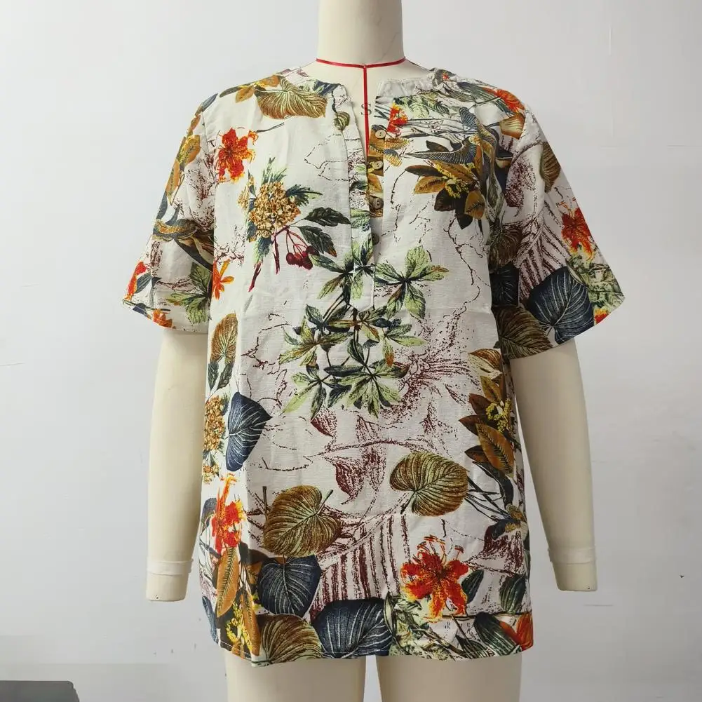 Blusa retrô feminina com estampa floral semi-aberta, ajuste solto, camiseta com gola O com botões, manga curta, blusa feminina de verão