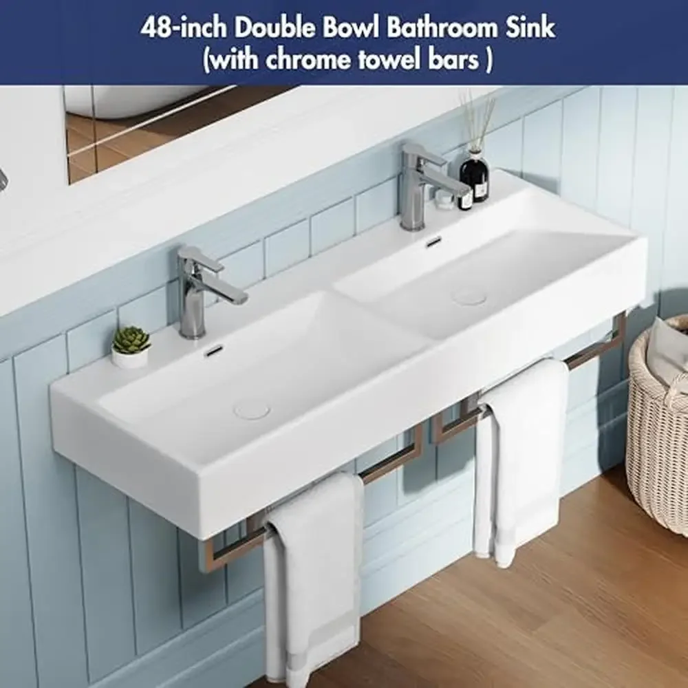 Vessel Sink Chrome Overflow Wall Mount Bathroom White Ceramic Double Bowl Towel Bar 48