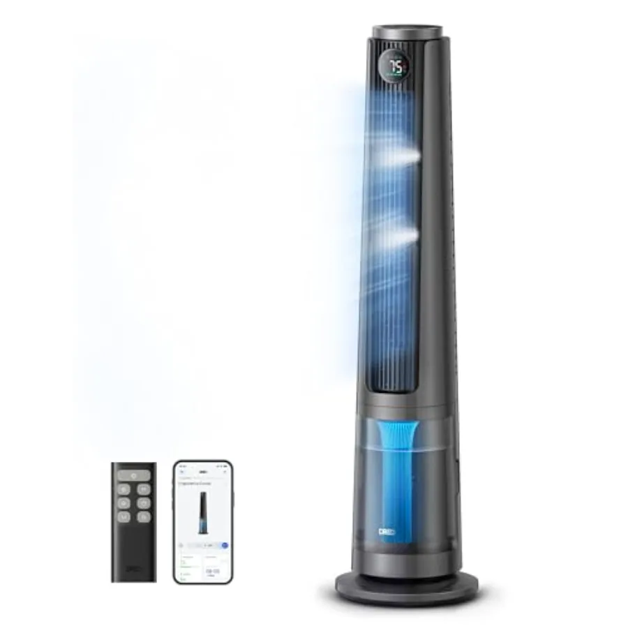 

Home use evaporative air cooler, grey ABS plastic, 10F cooling, 34ft/s airflow, 6L tank, 20 dB quiet DC motor, 90 oscillation,