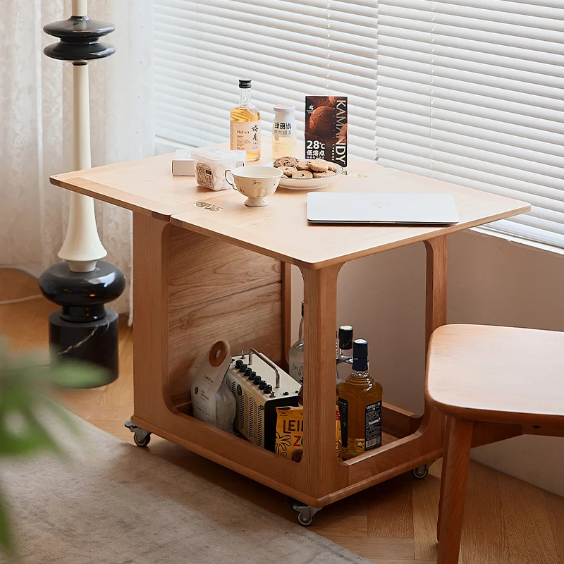 Nordic solid wood folding coffee table small apartment living room sofa corner few cherry wood movable wheeled trolley
