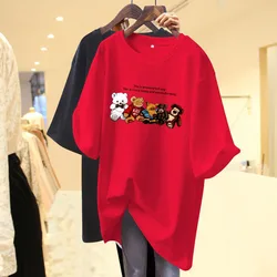Women Clothing Fashion Casual Short Sleeve T-shirt Summer Loose Teddy Bear Printing Top Tee Lady Comfortable Cotton Pullover