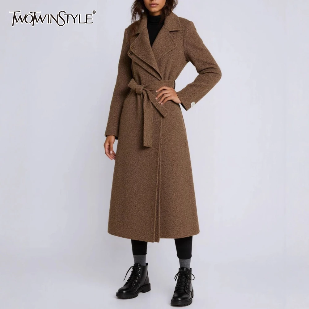 

TWOTWINSTYLE Caramel Spliced Bandage Jacket Female Lapel Long Sleeve Loose Casual Basics Women's Jackets Autumn Style Fashion