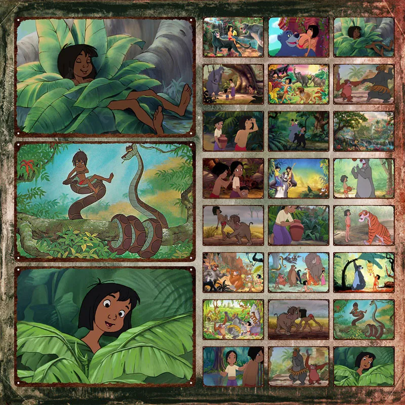 The Jungle Book Disney Metal Signs Cute Cartoon Animals Metal Poster Boy and Girl Tin Signs Snake Leaves Wall Stickers Plaques