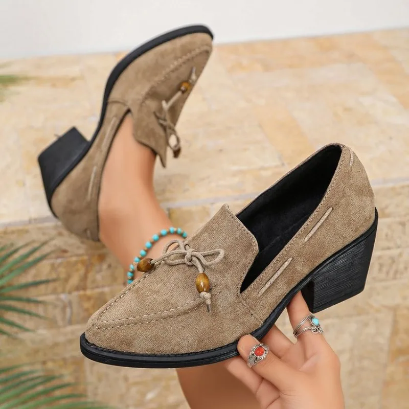 Women's Loafers Pointed Toe Chunky Heel Suede-Look Finish with Bow Tie Detail and Wooden Beads for Daily Casual Office Events