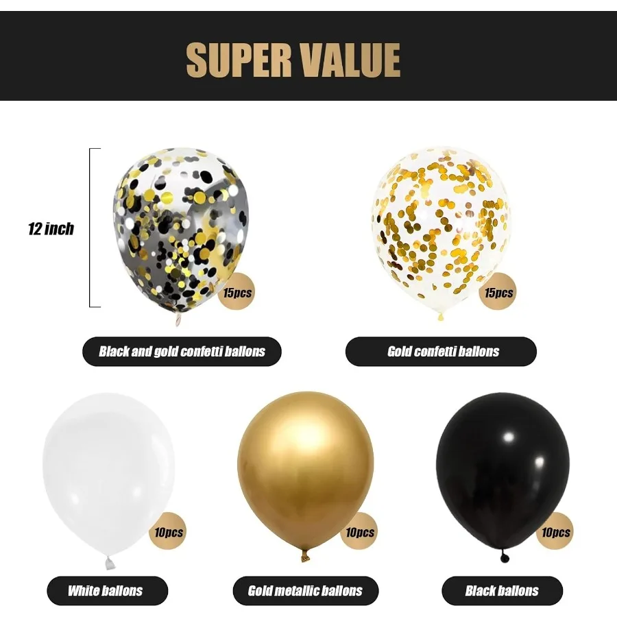 62 pièces Kit de ballons confettis colorés ballon scintillant 12 pouces ballons de fête confettis noir or blanc pour anniversaire bébé Sh