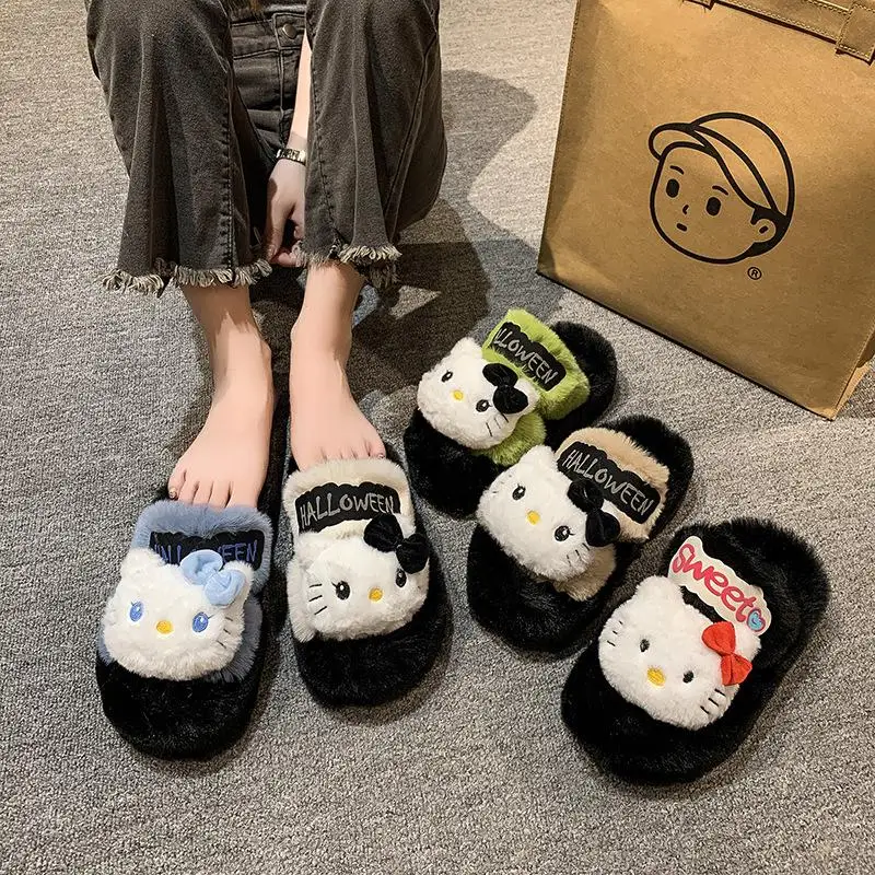 Hello Kitty Plush Slippers Sanrios Anime Winter Kawaii Cartoon Cute Warm Thick Sole Cotton Home Slippers Leisure Fashion Shoes