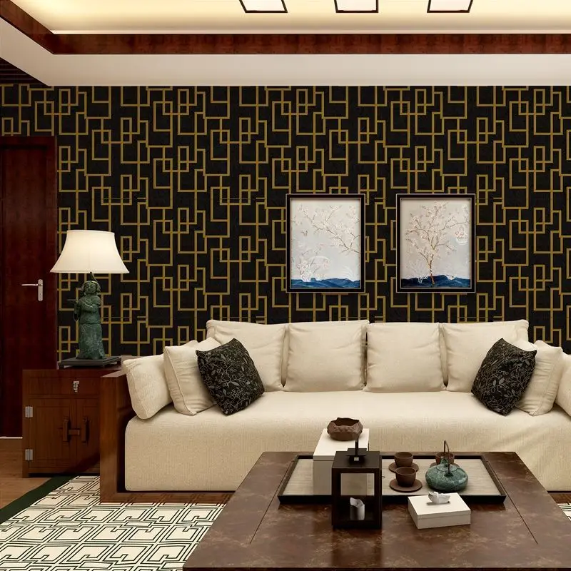 

Greek Key Lattice Wallpaper Black Gold Hotel Study Tv Sofa Background Geometric Wallpaper Waterproof Living Room Bedroom Mural