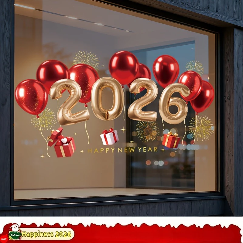 1pc Happy New Year 2026 Christmas Decorative Sticker Glass Window Static Sticker Merry Xmas Shopping Center Shop Deco Sticker view 2