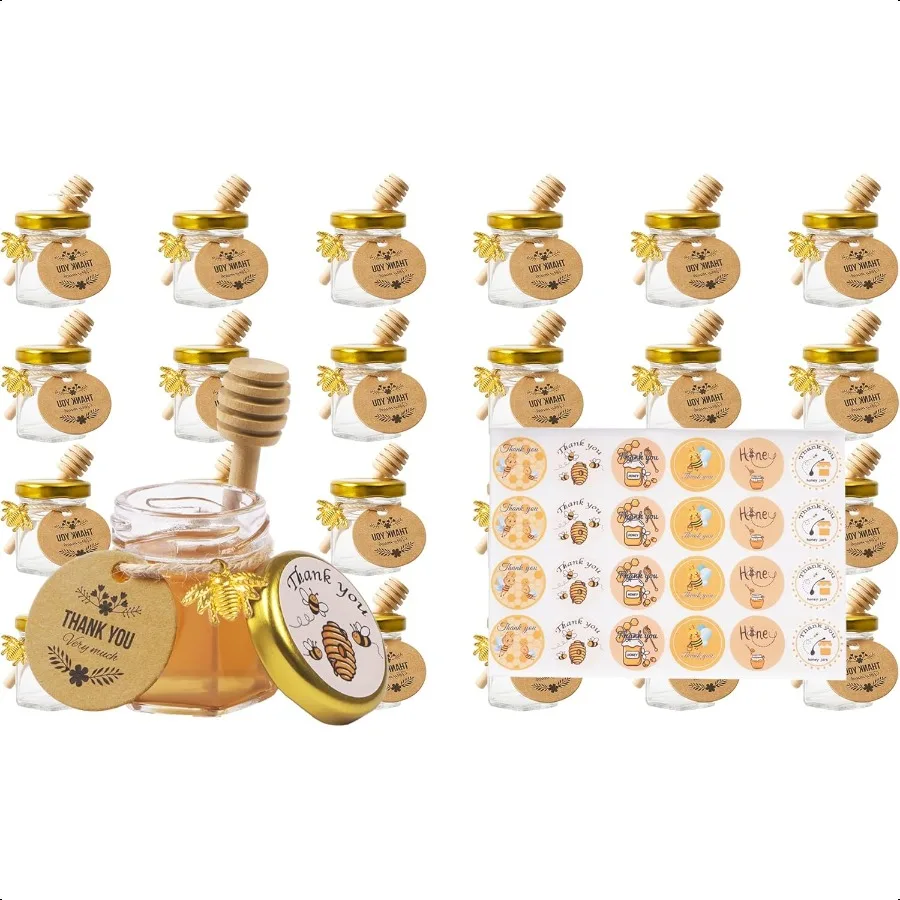 

1.5oz 24 Pack Mini Glass Hexagon Canning Jars with Gold Lid Bee Charms Honeybee Pendant Honey Dipper Sticks Jute Tag String Squ