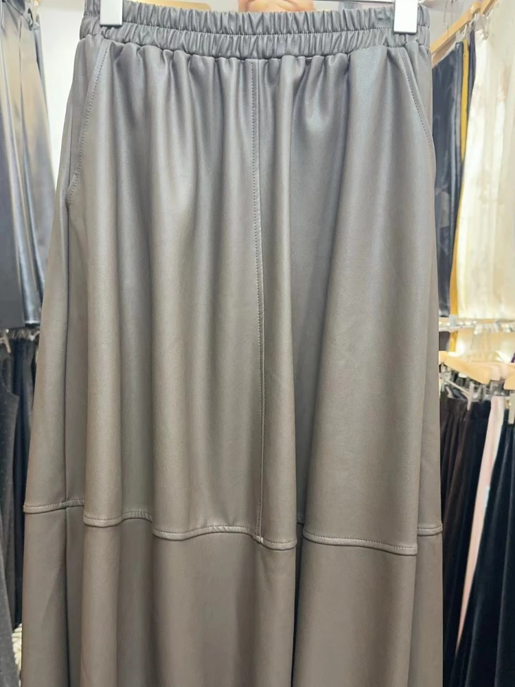 Matakawa A-line PU Skirts Women Autumn Winter Korean Fashion Chic Vintage Faldas Mujer Office Lady Elegant Simple Long Skirt