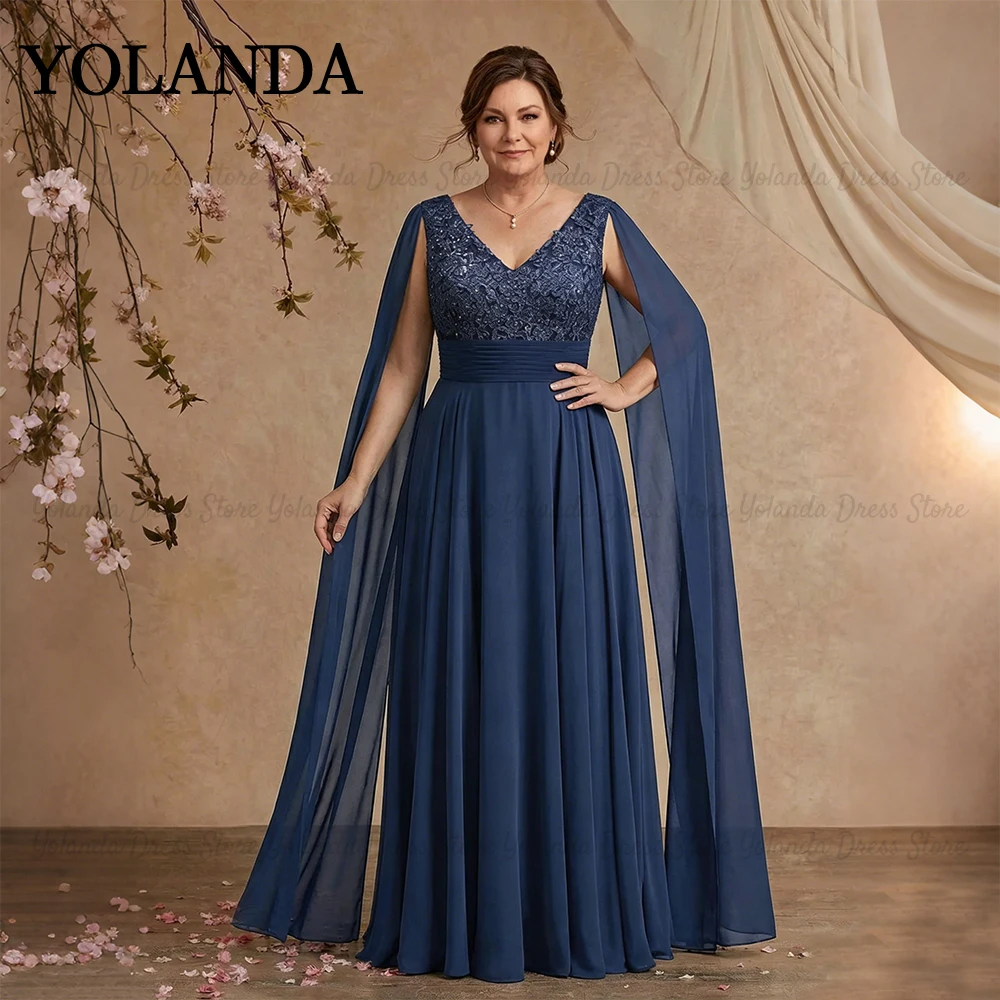 Yolanda Women's Wedding Party Attire Unique Shoulder Drape Lace V-Neck Chiffon Evening Gowns Plus Size Guest Dress Customized