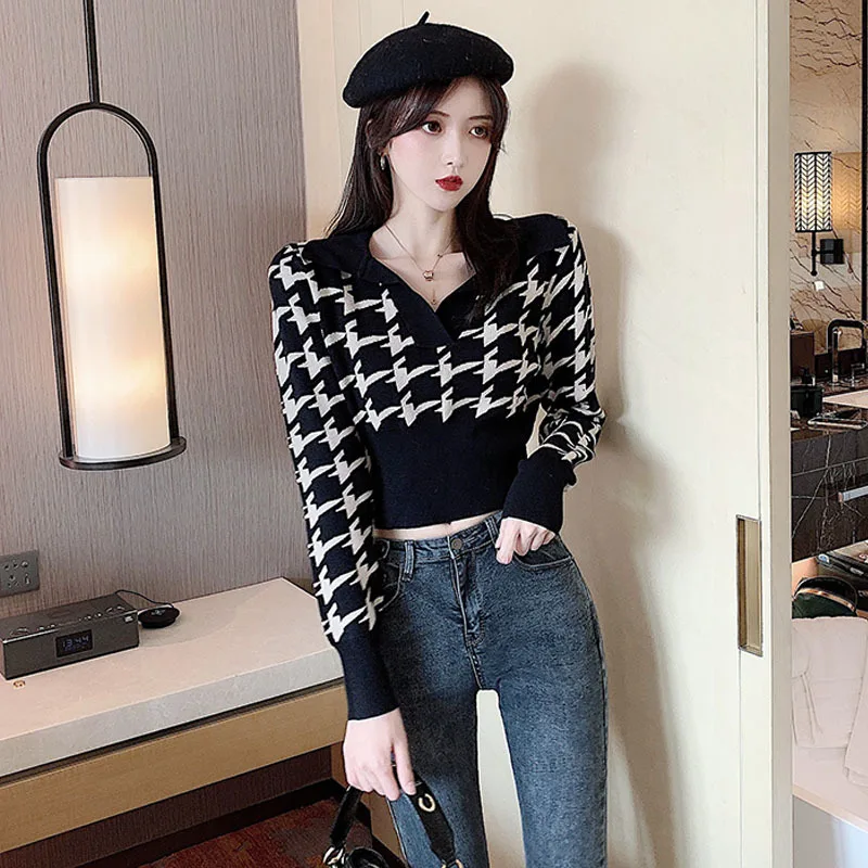 Woman Sweaters Pullover Houndstooth Peter Pan Collar Pullover Top Autumn Waist Trimming Short Outer Women Femme Chandails