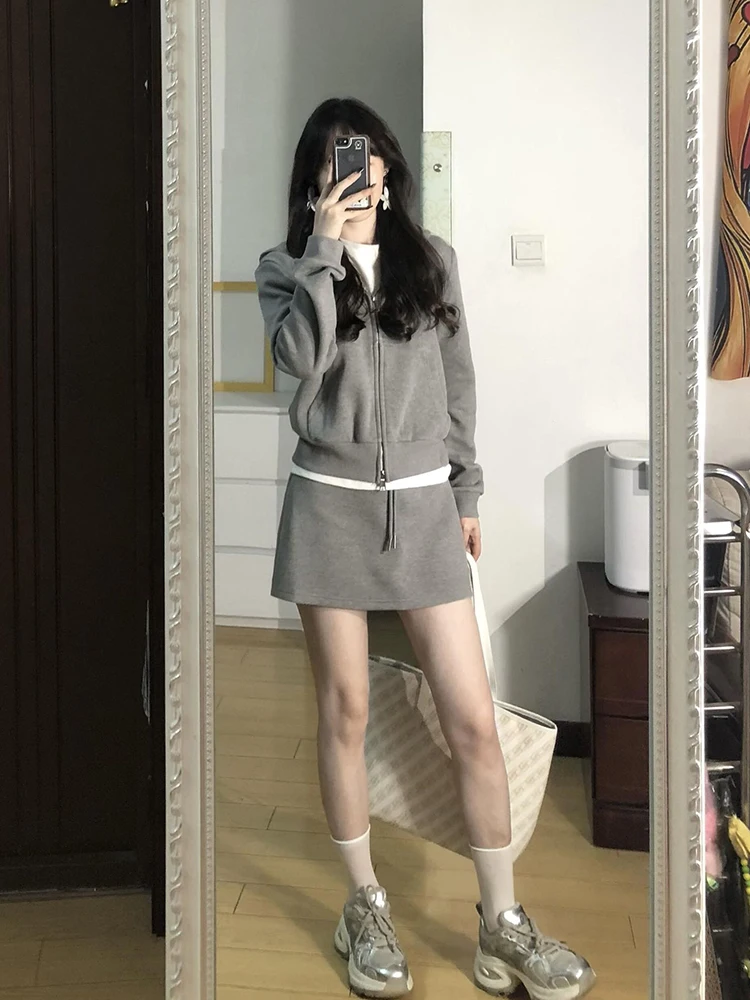 

American Style Grey Hoodie Sweatshirt And Skirt Two-Piece Set Loose Slimming Casual Sportswear Women's Autumn Fashion Set
