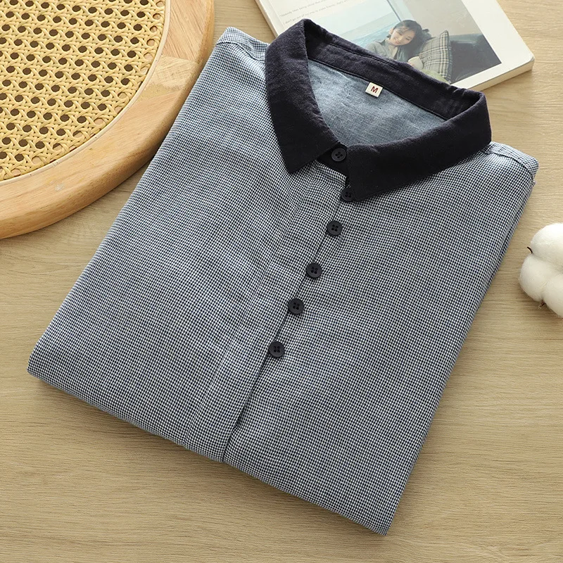 

[Готовый запас] Высококачественная женская блузка из 100% хлопка, рубашка, новые женские блузки с длинными рукавами «Тысяча птиц», рубашки на несколько пуговиц