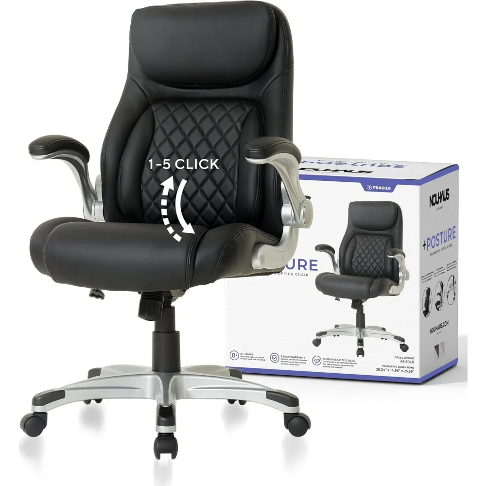 + Kursi kantor kulit PU ergonomis postur. Penyangga Lumbar Click5 dengan FlipAdjust sandaran tangan.