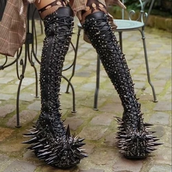 Black Round Rivets Crystal Knee High Boots Punk Lace-up Cross Tied Fashion Sexy Women Shoes 2024 Summer Zapatos Para Mujere