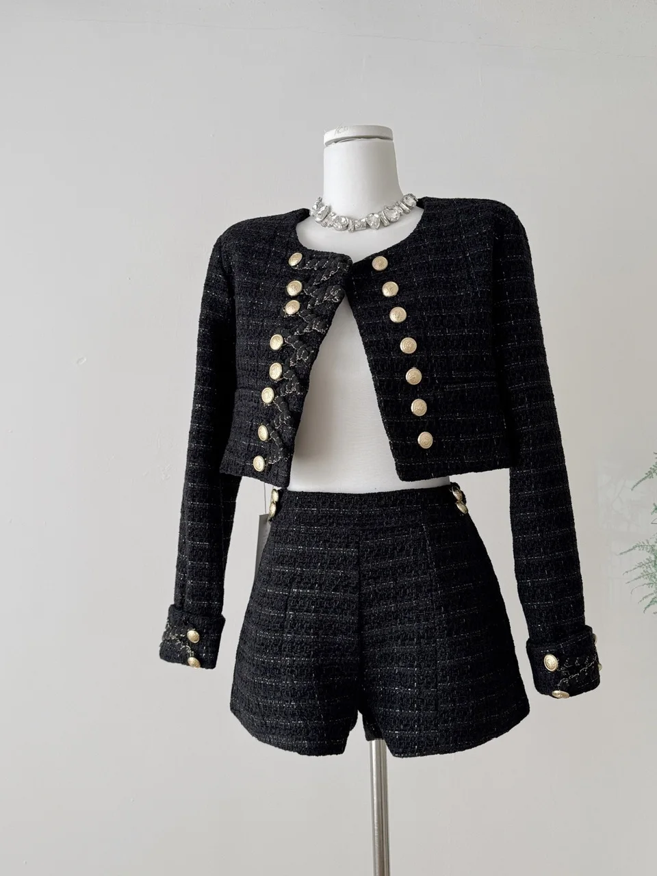 

Gold Bule Tweed Set ort Sve Top And orts Women's Faion Autumn Outfit Casual High Waist Pants round Ne