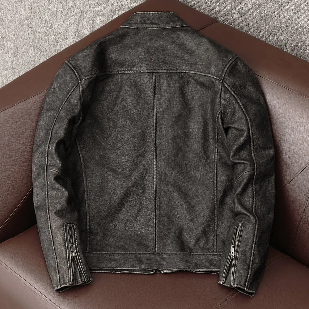 Pure first-layer cowhide leather men's short stand-up collar, retro nostalgic leather jacket