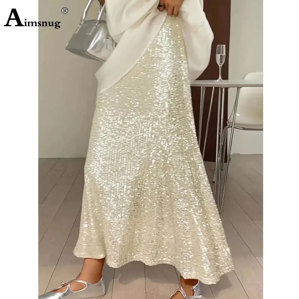 

2024 America and Europe Fashion Sequined Skirts Women Elegant Formal Party Long Skirts Femlae High Cut A-line Skirt Maxi Dresses