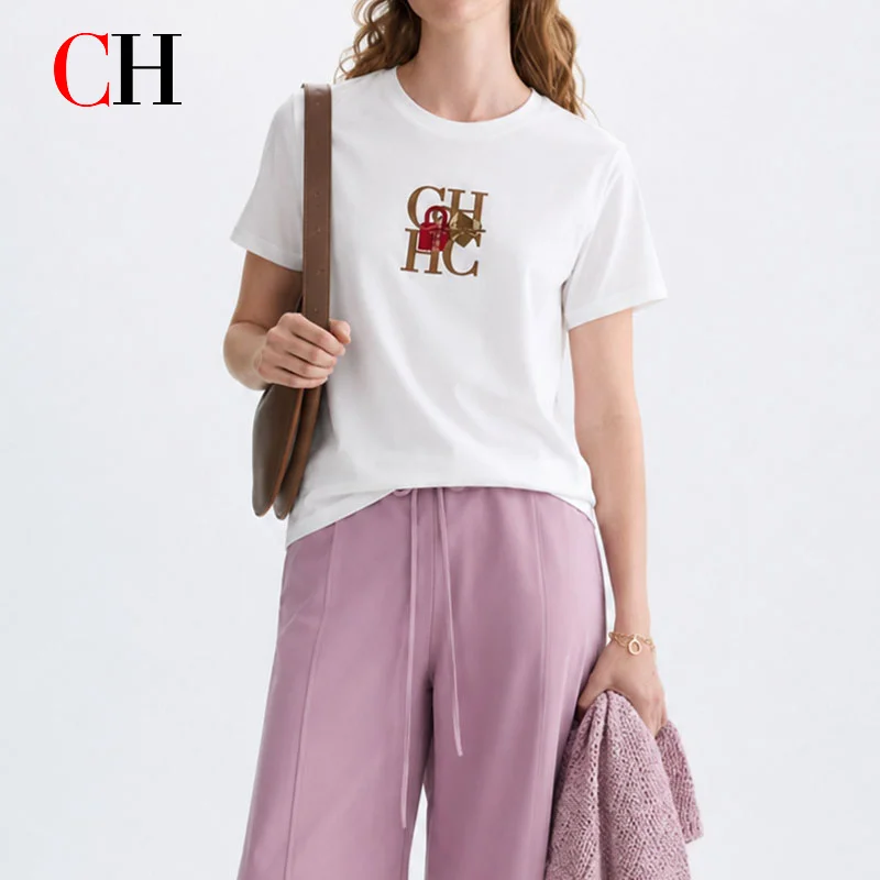 CH Women's White Cotton T-Shirt Embroidered Logo Crew Neck Short Sleeve Breathable Casual Summer Top
