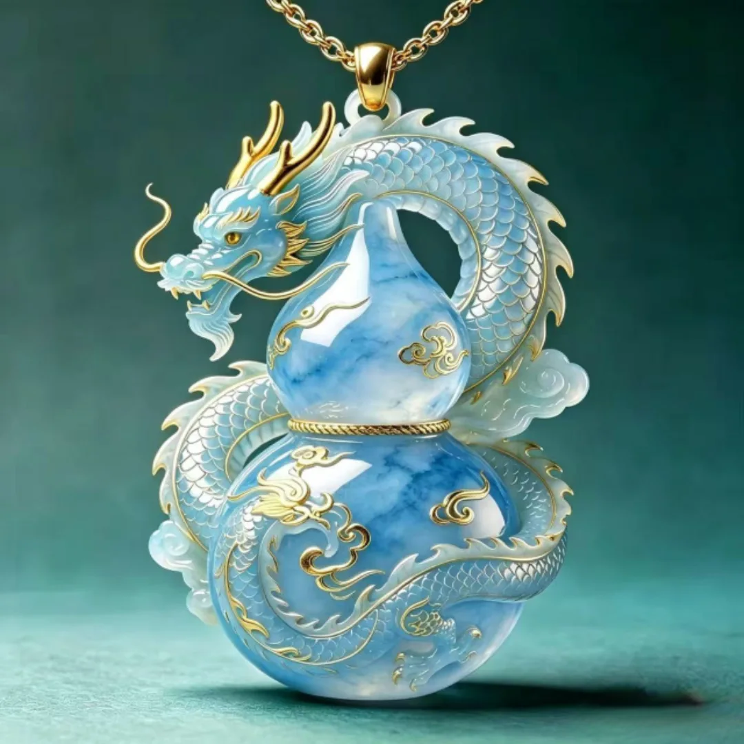 Chinese Style Dragon Gourd Necklace Yulong Fulu Metal Pendant Light Luxury Lucky Protective Jewelry Gift For Daily Wear Party Tr