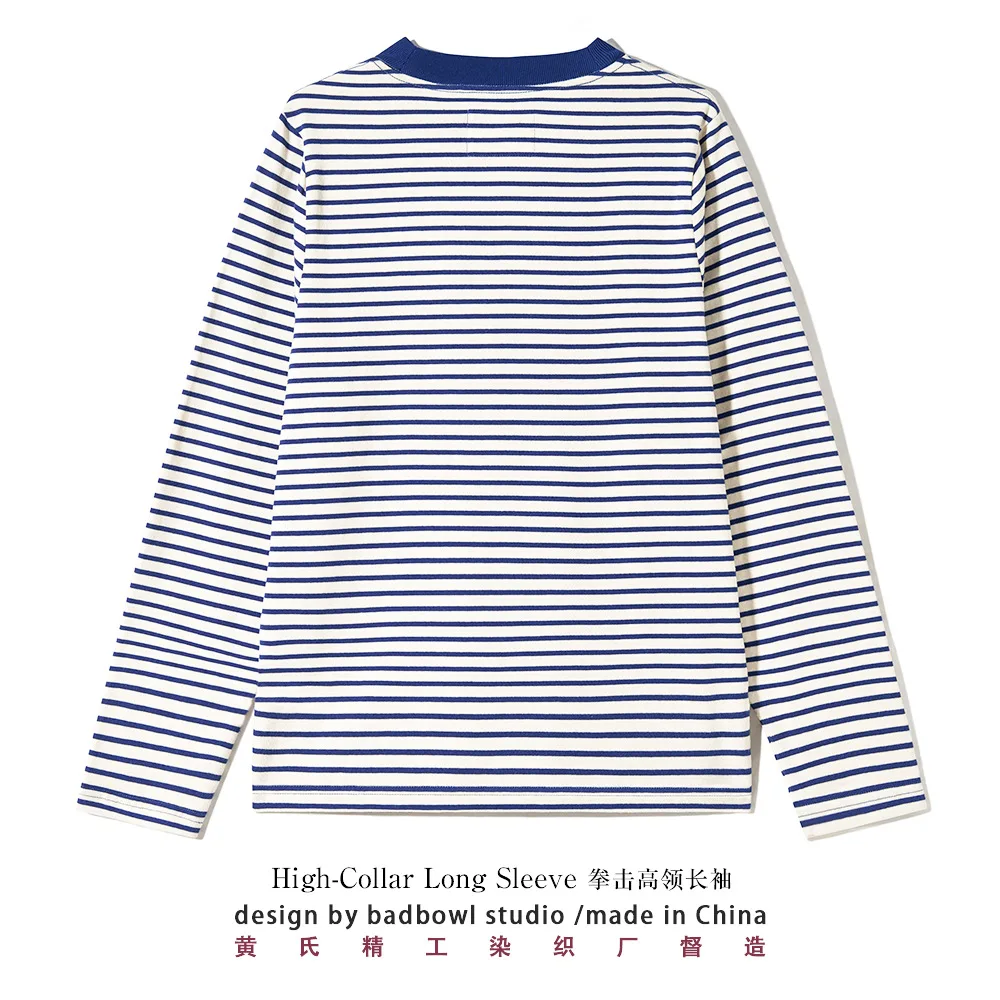 Small High Neck Long Sleeved Striped T-shirt for Men, Vintage Sea Spirit Shirt