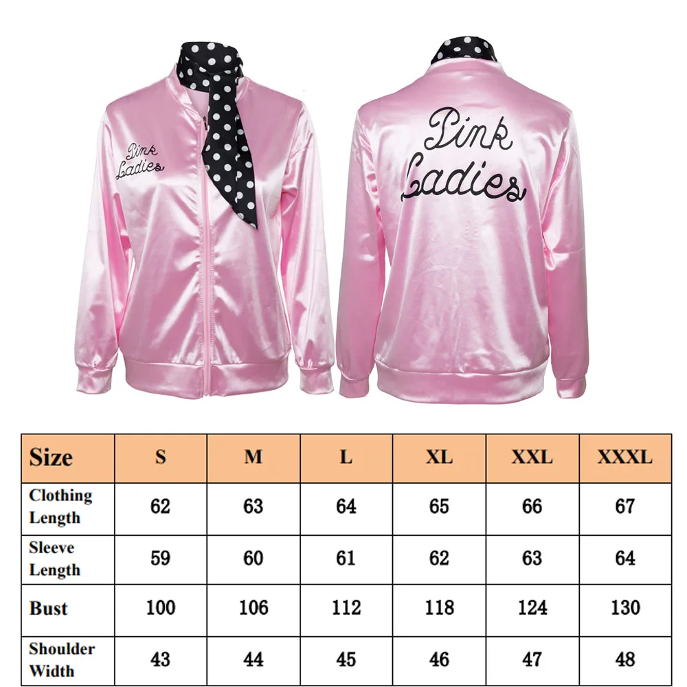 Pink Ladies Grease Cosplay Girl's Pink Silk Coat Costume Jacket Top Outfits Halloween Carnival Suit