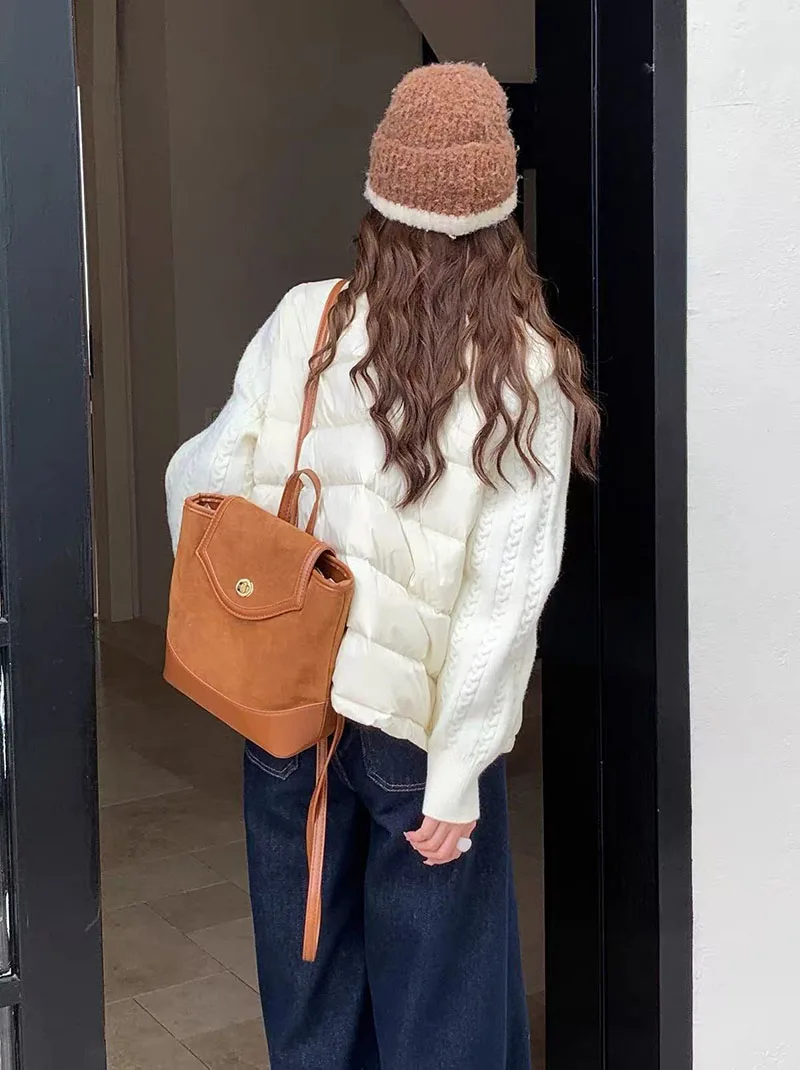 Winter Patchwork Parkas for Women Thick Warm Knitted Sleeve Splicing Puffy Coats Korean Loose Preppy Zipper Down Outwear New