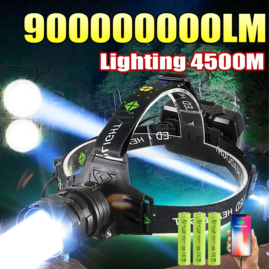 

900000000LM High Power LED Headlamp USB Rechargeable Headlight Long Range 4500M Head Flashlight Fishing Hunting Work Head Torch
