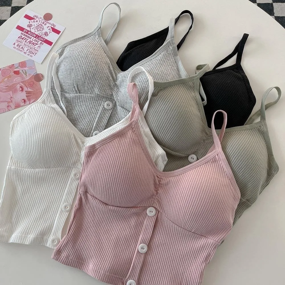 Chic Sweet Slim Crop Top Bottoming Shirt Spicy Girls Style Women's Short Vest V-neck Button Sleeveless Top Spring and Summer