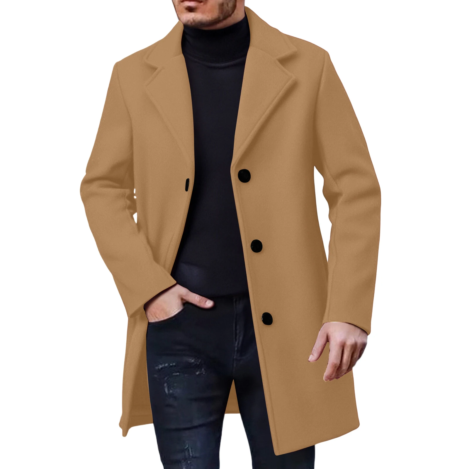 

Men Trench Coat Classic Long Notched Collar Single Breasted Wool Blend Overcoat Daily Business Casual Matching Trench Coat 4XL