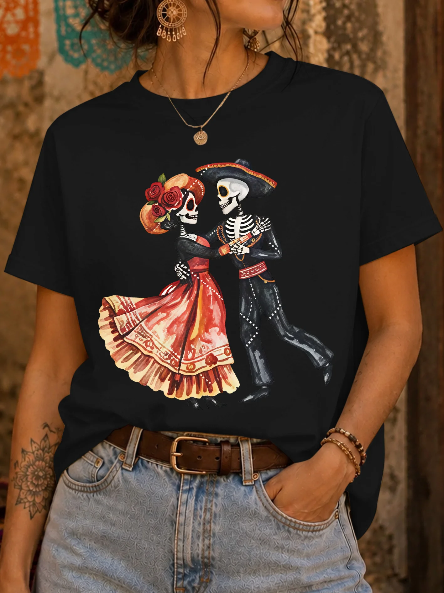Dancing Skeleton Couple Day Of The Dead Rose Womens Crew Neck Short Sleeve T Shirt Festival Graphic Tees For Ladies Daily Wear