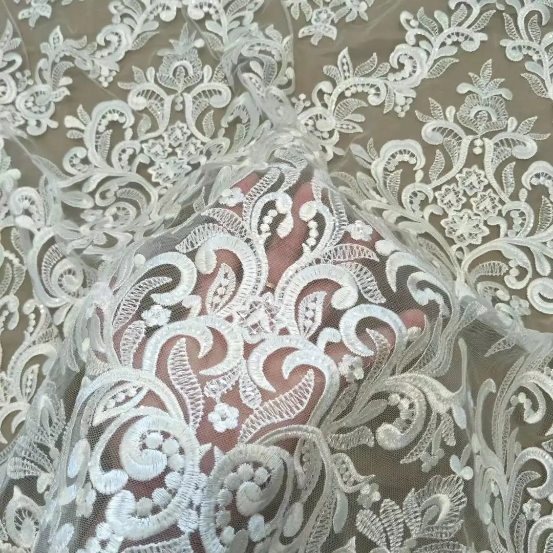 2023 Spring and summer beautiful off-white wedding dress fabric lace with sequin width 130cm sold by size