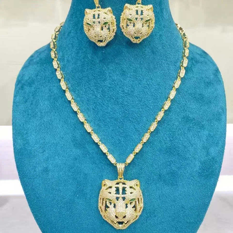 

Zlxgirl Brand gold tiger animal pendant ear wedding jewelry sets metal cubic zircon necklace and earring bijoux set neclace gift