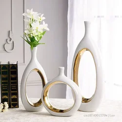 Ceramic Flower Arrangement Nordic Creative White Plus Gold Electroplated Geometric Shape Vase, Home Living Room Office Decor 1Pc