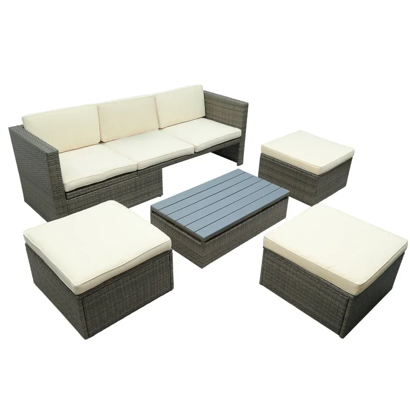 

, 5-Piece Patio Wicker Sofa with Adustable Backrest, Cushions, Ottomans and Lift Top Coffee Table