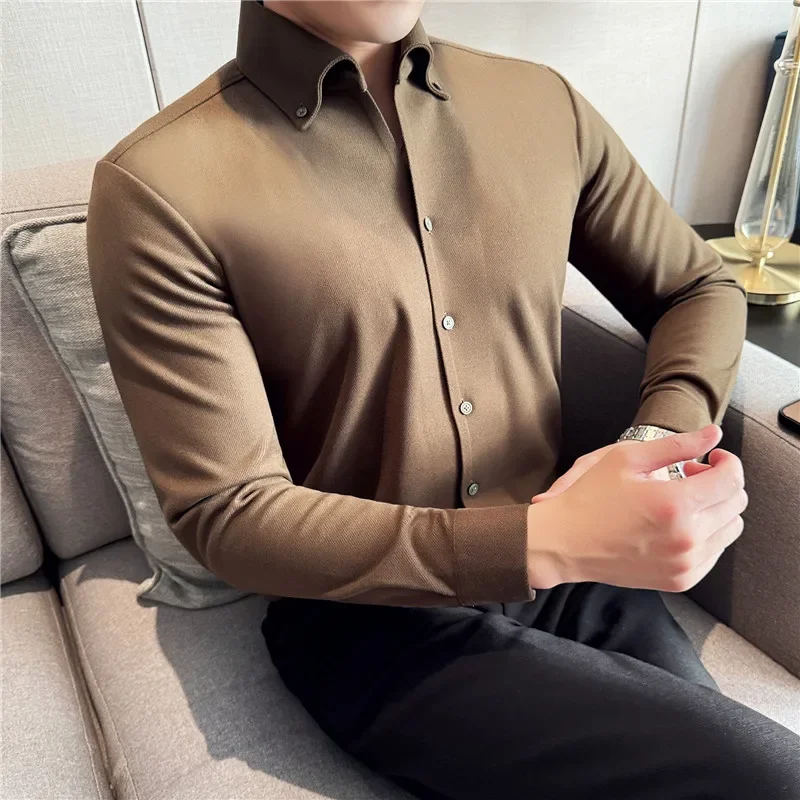 

Winter Thick Wool Shirt Seamless Men‘s V-neck High-Grade Casual Shirt Brown Business